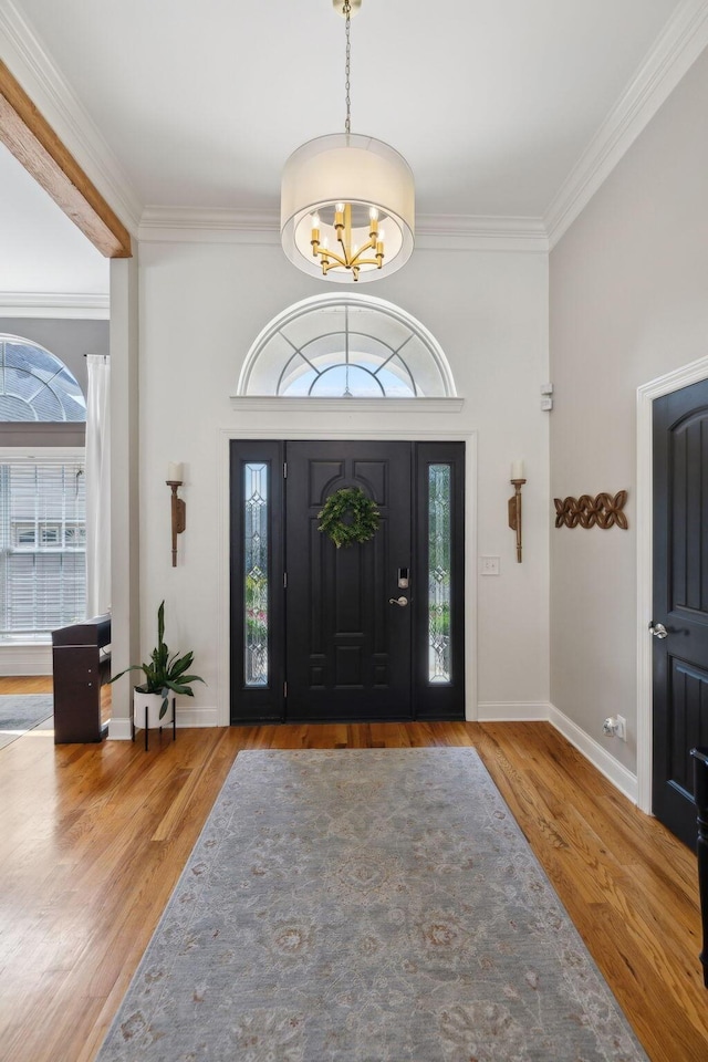 7579 Nightfall Cir, Ooltewah, TN 37363 - entrance foyer featuring crown molding, a chandelier, healthy amount of natural light, baseboards, and wood finished floors