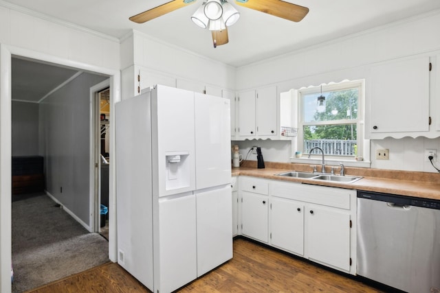 805 Springmont Dr, Hopkinsville, KY 42240 - kitchen with stainless steel dishwasher, white fridge with ice dispenser, ornamental molding, ceiling fan, and white cabinetry