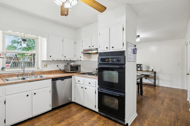 805 Springmont Dr, Hopkinsville, KY 42240 - kitchen with dishwasher, white cabinets, dark wood-style floors, ceiling fan, and crown molding