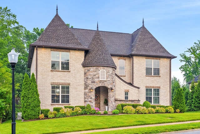 127 Copperstone Dr, Clarksville, TN 37043 - french country style house with a shingled roof, a front yard, brick siding, and stone siding