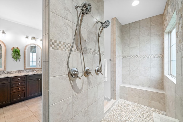 127 Copperstone Dr, Clarksville, TN 37043 - full bath with a walk in shower, double vanity, healthy amount of natural light, tile patterned flooring, and recessed lighting