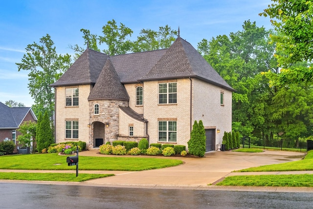 127 Copperstone Dr, Clarksville, TN 37043 - french country style house featuring an attached garage, a front lawn, driveway, brick siding, and roof with shingles
