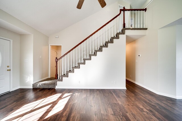 3889 Mackenzie Dr, Clarksville, TN 37042 - foyer entrance with stairway, wood finished floors, a ceiling fan, baseboards, and a towering ceiling