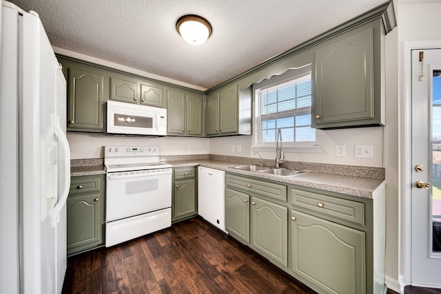 3889 Mackenzie Dr, Clarksville, TN 37042 - kitchen with white appliances, green cabinetry, a sink, dark wood-style floors, and a textured ceiling
