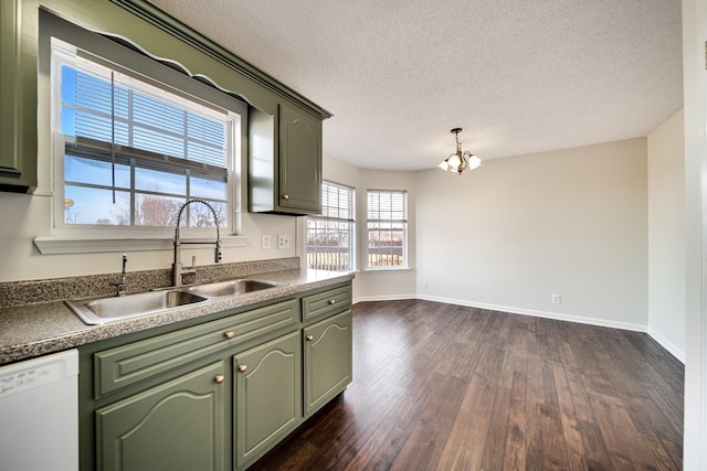 3889 Mackenzie Dr, Clarksville, TN 37042 - kitchen featuring dishwasher, green cabinetry, a sink, a chandelier, and dark wood-style flooring