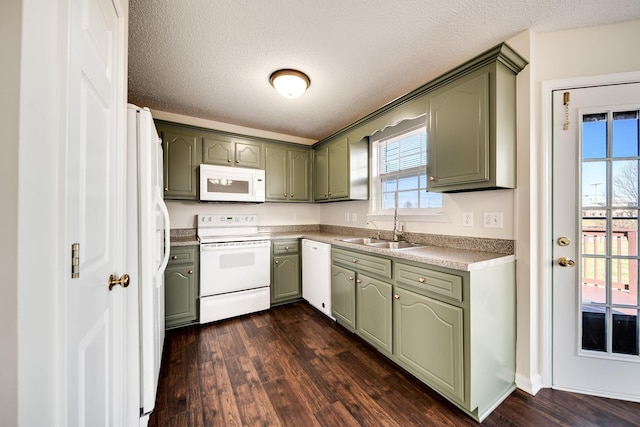 3889 Mackenzie Dr, Clarksville, TN 37042 - kitchen with green cabinetry, white appliances, a sink, dark wood-style floors, and a textured ceiling