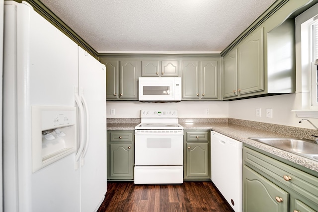 3889 Mackenzie Dr, Clarksville, TN 37042 - kitchen featuring white appliances, green cabinets, a textured ceiling, dark wood-style floors, and a sink