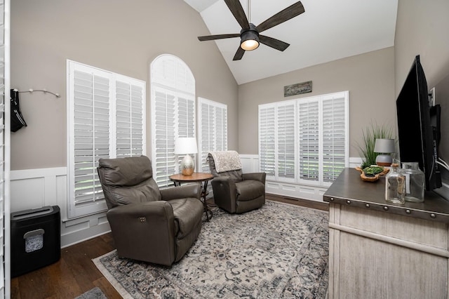 390 Buckingham Blvd, Gallatin, TN 37066 - living room featuring a ceiling fan, wood finished floors, a wainscoted wall, and high vaulted ceiling