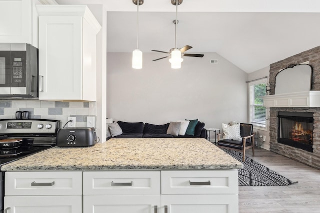 974 Bonellis Ln, Clarksville, TN 37040 - kitchen featuring stainless steel appliances, light wood-style floors, ceiling fan, lofted ceiling, and white cabinetry
