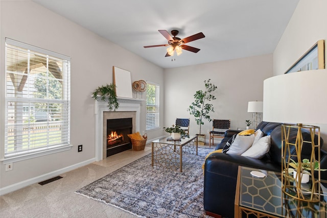 3224 Nolen Ln, Franklin, TN 37064 - carpeted living room with a premium fireplace, a ceiling fan, and baseboards