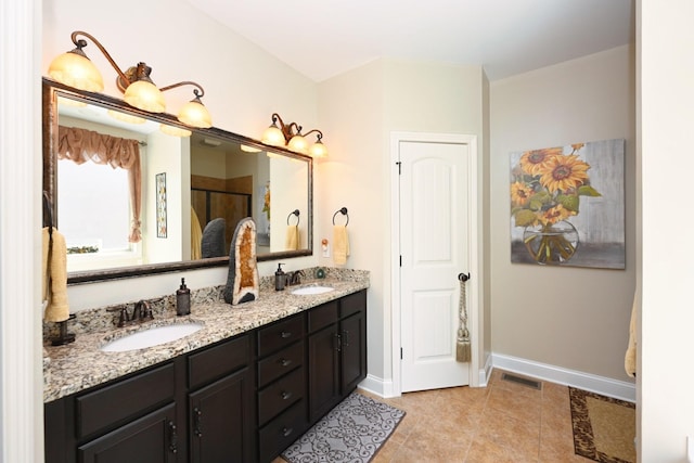 102 Cobbler Cir, Hendersonville, TN 37075 - bathroom with double vanity, baseboards, an enclosed shower, and tile patterned flooring