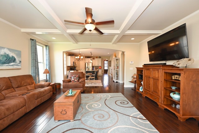 102 Cobbler Cir, Hendersonville, TN 37075 - living area featuring a ceiling fan, dark wood-type flooring, coffered ceiling, arched walkways, and beamed ceiling