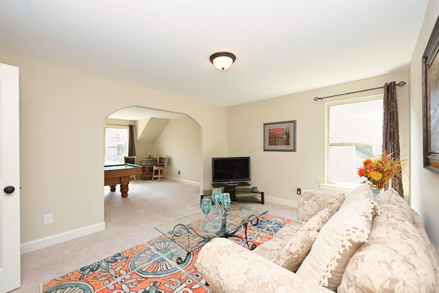 102 Cobbler Cir, Hendersonville, TN 37075 - living area featuring arched walkways, light colored carpet, billiards table, and baseboards