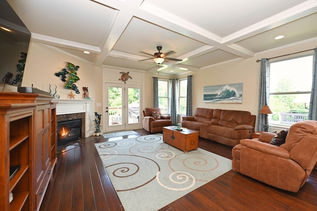 102 Cobbler Cir, Hendersonville, TN 37075 - living area with dark wood finished floors, coffered ceiling, ceiling fan, beam ceiling, and healthy amount of natural light