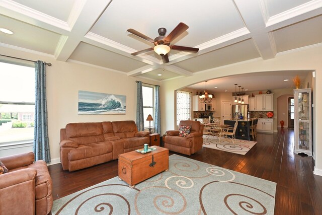 102 Cobbler Cir, Hendersonville, TN 37075 - living room with arched walkways, coffered ceiling, ceiling fan, dark wood-type flooring, and beamed ceiling
