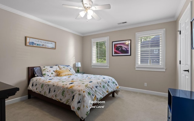 414 Gentlemens Rdg, Signal Mountain, TN 37377 - carpeted bedroom with baseboards, ornamental molding, multiple windows, and ceiling fan