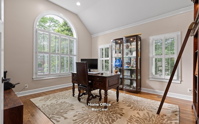 414 Gentlemens Rdg, Signal Mountain, TN 37377 - office area featuring lofted ceiling, healthy amount of natural light, baseboards, crown molding, and wood finished floors