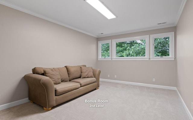 414 Gentlemens Rdg, Signal Mountain, TN 37377 - living room featuring crown molding, baseboards, and light carpet