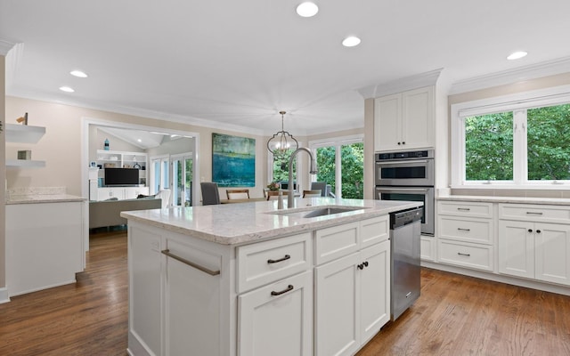 414 Gentlemens Rdg, Signal Mountain, TN 37377 - kitchen with a sink, stainless steel appliances, crown molding, recessed lighting, and white cabinetry