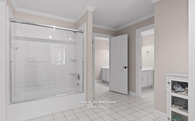 414 Gentlemens Rdg, Signal Mountain, TN 37377 - bathroom featuring shower / bath combination with glass door, vanity, ornamental molding, baseboards, and tile patterned flooring
