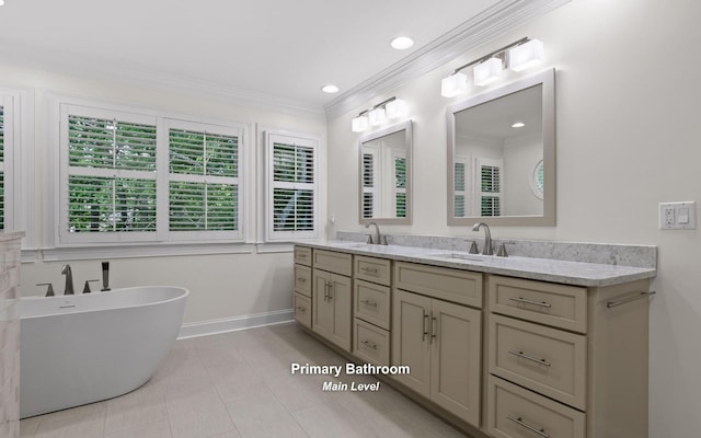414 Gentlemens Rdg, Signal Mountain, TN 37377 - full bath with double vanity, baseboards, a soaking tub, ornamental molding, and tile patterned floors