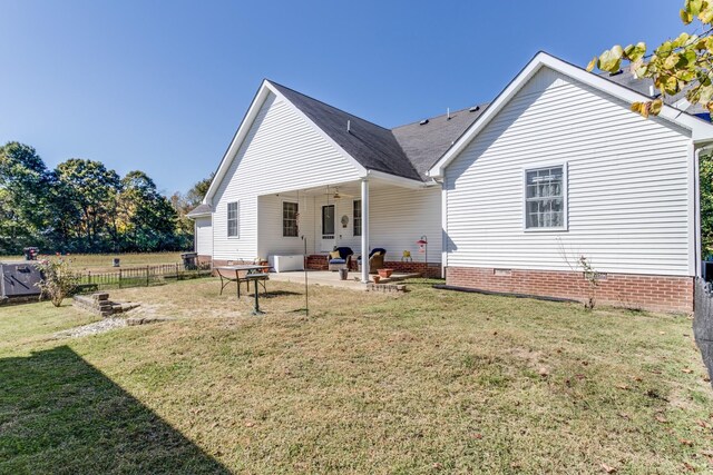 2119 W Lincoln St, Tullahoma, TN 37388 - rear view of property featuring a patio area, a ceiling fan, crawl space, and a shingled roof