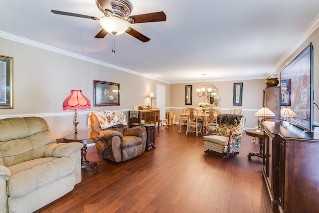 2119 W Lincoln St, Tullahoma, TN 37388 - living area with ceiling fan, wood finished floors, a chandelier, and crown molding