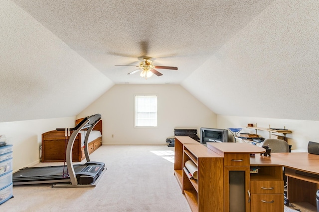 2119 W Lincoln St, Tullahoma, TN 37388 - office area featuring a textured ceiling, ceiling fan, light colored carpet, and vaulted ceiling