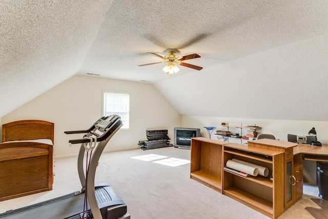 2119 W Lincoln St, Tullahoma, TN 37388 - exercise area featuring vaulted ceiling, carpet flooring, ceiling fan, and a textured ceiling