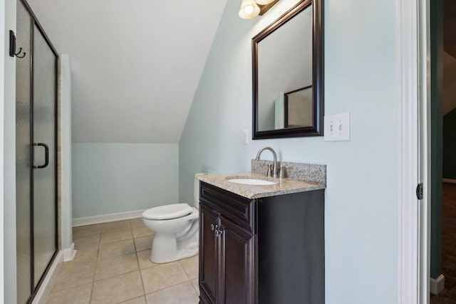 4010 Swift Springs Ct, Goodlettsville, TN 37072 - bathroom featuring vanity, lofted ceiling, toilet, a shower stall, and tile patterned flooring