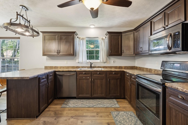 4010 Swift Springs Ct, Goodlettsville, TN 37072 - kitchen with appliances with stainless steel finishes, a sink, a peninsula, dark brown cabinetry, and light wood-style floors