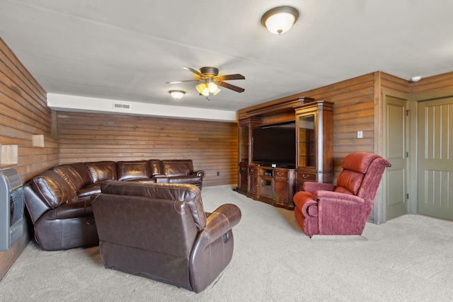 100 Acree Ln, Estill Springs, TN 37330 - living area featuring carpet flooring, wooden walls, and ceiling fan