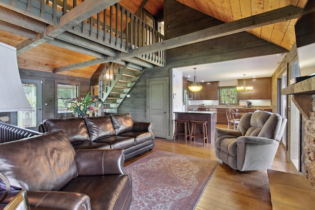 100 Acree Ln, Estill Springs, TN 37330 - living room with a chandelier, stairway, hardwood / wood-style flooring, wooden ceiling, and high vaulted ceiling
