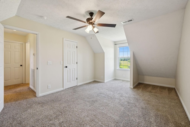8635 Pleasant Hill Rd, Cross Plains, TN 37049 - additional living space with carpet flooring, a ceiling fan, a textured ceiling, vaulted ceiling, and baseboards