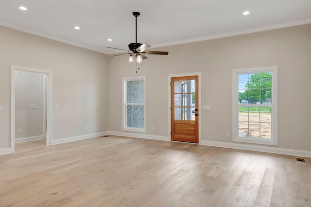2125 Halls Mill Rd, Unionville, TN 37180 - spare room featuring crown molding, light wood-style flooring, baseboards, ceiling fan, and recessed lighting