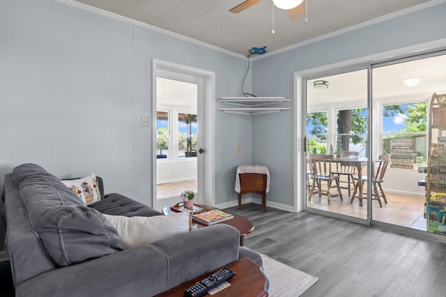 1090 Eva Harbor Rd, Eva, TN 38333 - living room with a ceiling fan, wood finished floors, crown molding, and baseboards