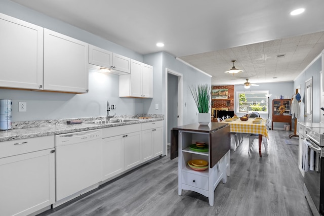 1090 Eva Harbor Rd, Eva, TN 38333 - kitchen with white dishwasher, a sink, open shelves, wood finished floors, and recessed lighting