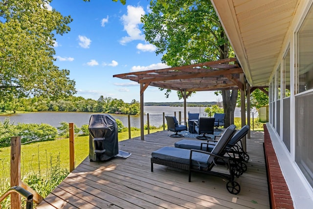 1090 Eva Harbor Rd, Eva, TN 38333 - wooden deck with a pergola, a water view, a lawn, and a grill