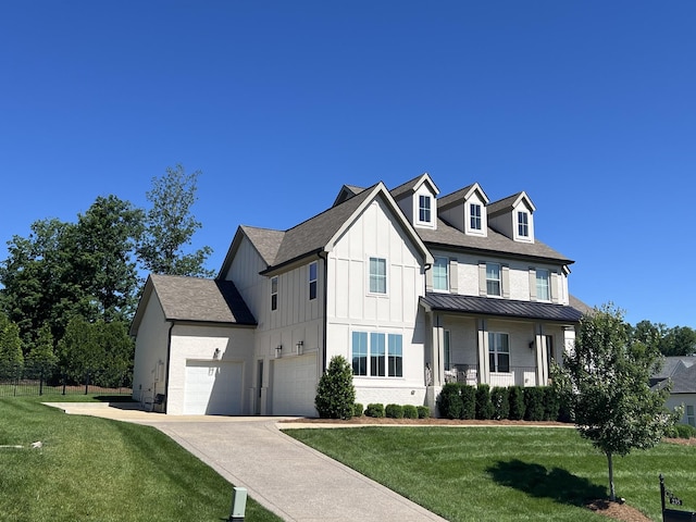 235 Belgian Rd, Nolensville, TN 37135 - modern farmhouse featuring a front yard, a standing seam roof, concrete driveway, board and batten siding, and metal roof