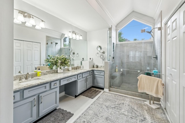 803 Bradford Pl, Murfreesboro, TN 37130 - full bathroom featuring vaulted ceiling, double vanity, and a stall shower