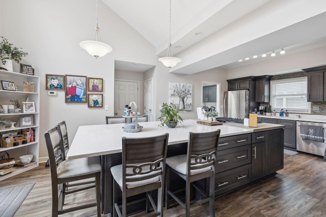 803 Bradford Pl, Murfreesboro, TN 37130 - kitchen featuring appliances with stainless steel finishes, light countertops, lofted ceiling, a breakfast bar area, and dark wood-style floors