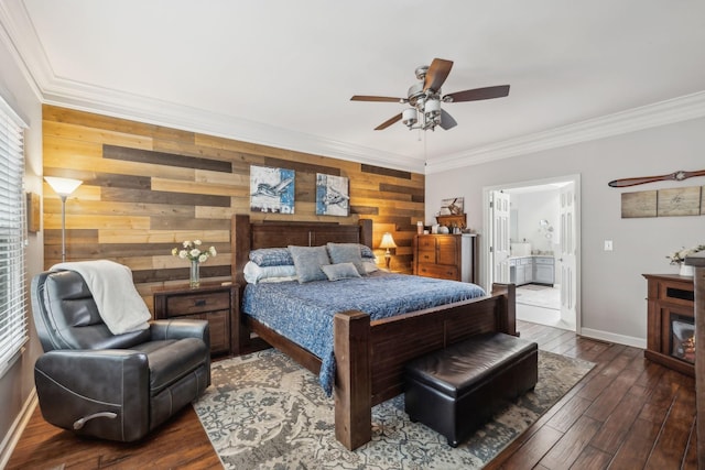 803 Bradford Pl, Murfreesboro, TN 37130 - bedroom with wooden walls, crown molding, dark wood finished floors, baseboards, and ensuite bath