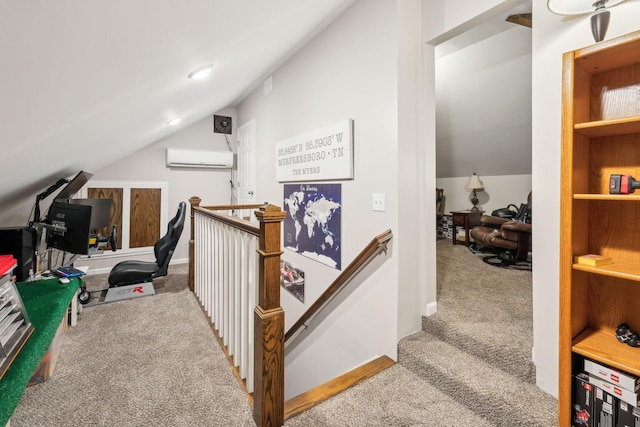 803 Bradford Pl, Murfreesboro, TN 37130 - hall with carpet flooring, lofted ceiling, a wall mounted air conditioner, an upstairs landing, and baseboards