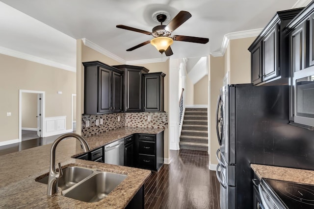 499 Williamsport Dr, Smyrna, TN 37167 - kitchen with a sink, appliances with stainless steel finishes, ceiling fan, light stone counters, and crown molding