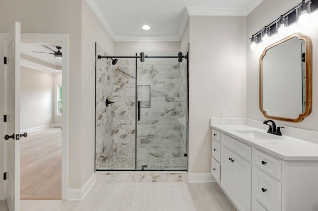 2121 Halls Mill Rd, Unionville, TN 37180 - bathroom with a stall shower, a ceiling fan, ornamental molding, vanity, and baseboards
