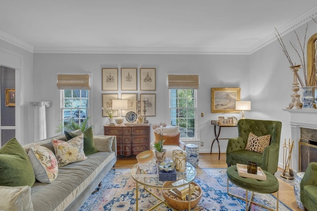 216 Chestnut Hill Dr, Nashville, TN 37215 - living room featuring wood finished floors, ornamental molding, a premium fireplace, and baseboards