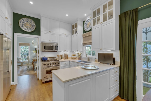 216 Chestnut Hill Dr, Nashville, TN 37215 - kitchen featuring high end appliances, a sink, white cabinetry, crown molding, and light countertops