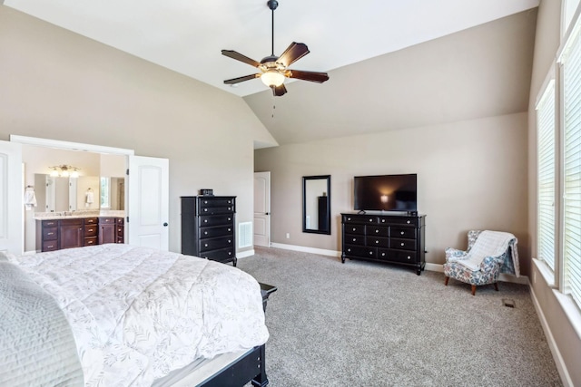 5108 Duckhorn Ct, Franklin, TN 37067 - bedroom with carpet flooring, high vaulted ceiling, baseboards, ensuite bathroom, and ceiling fan
