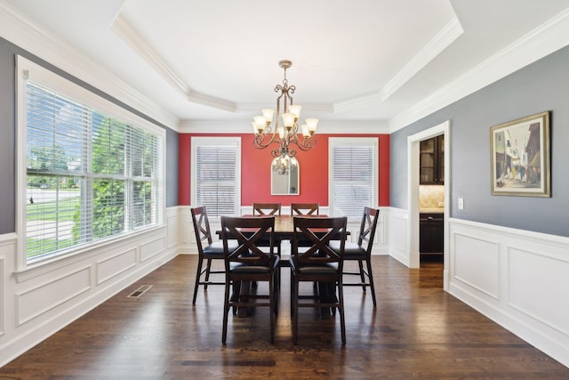 5108 Duckhorn Ct, Franklin, TN 37067 - dining space featuring a decorative wall, a chandelier, a tray ceiling, ornamental molding, and a wainscoted wall