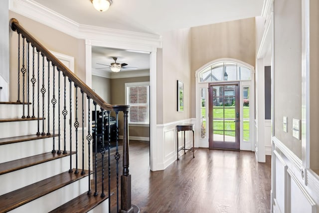5108 Duckhorn Ct, Franklin, TN 37067 - entrance foyer featuring wood finished floors, plenty of natural light, stairs, crown molding, and wainscoting